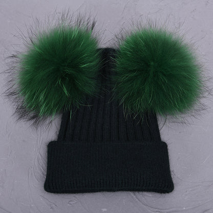 Women Winter Knitted Wool Hat, Double Real Raccoon Fur Pompom Beanie, Skullies Cap for Girls, Female Two Fur Pom Pom Hat