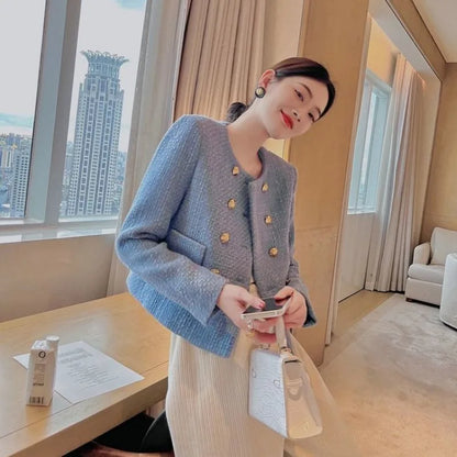 Short Mixtures Jacket Women, Half Blue Tweed Wool Blend Coat, Medium Fashion , Style High Quality Clothing