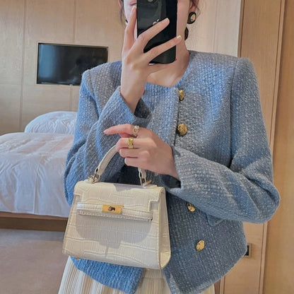 Short Mixtures Jacket Women, Half Blue Tweed Wool Blend Coat, Medium Fashion , Style High Quality Clothing
