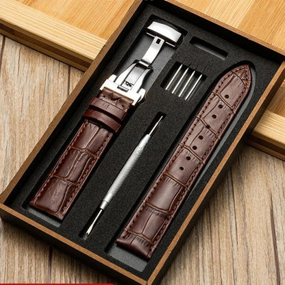 Genuine Leather Watch Band with Wooden Box and Butterfly Clasp