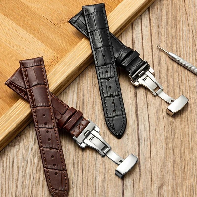 Genuine Leather Watch Band with Wooden Box and Butterfly Clasp