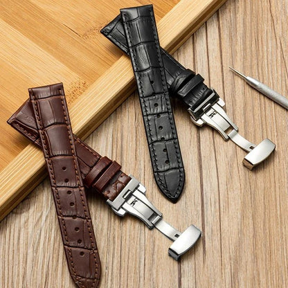 Genuine Leather Watch Band with Wooden Box and Butterfly Clasp