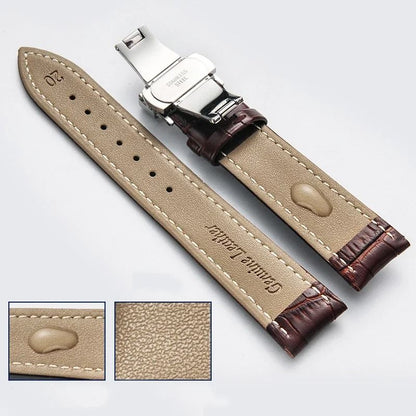 Genuine Leather Watch Band with Wooden Box and Butterfly Clasp