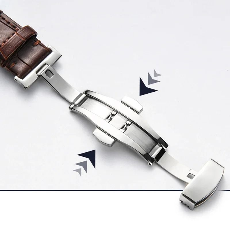 Genuine Leather Watch Band with Wooden Box and Butterfly Clasp