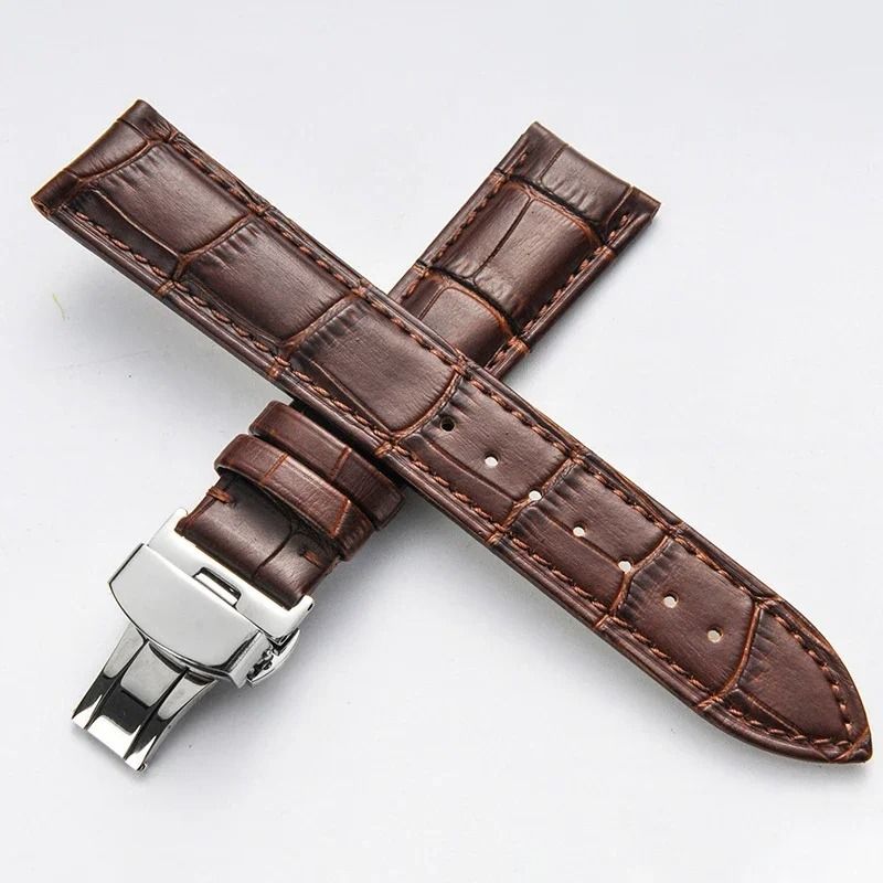 Genuine Leather Watch Band with Wooden Box and Butterfly Clasp