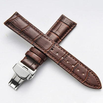 Genuine Leather Watch Band with Wooden Box and Butterfly Clasp