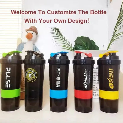 3-Layer Protein Shaker Bottle with Mixing Net and Storage Compartments