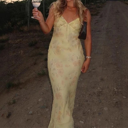 Summer Floral Printed Womens Low Cut Sleeveless Backless Slim Dress for Beach and Vacation