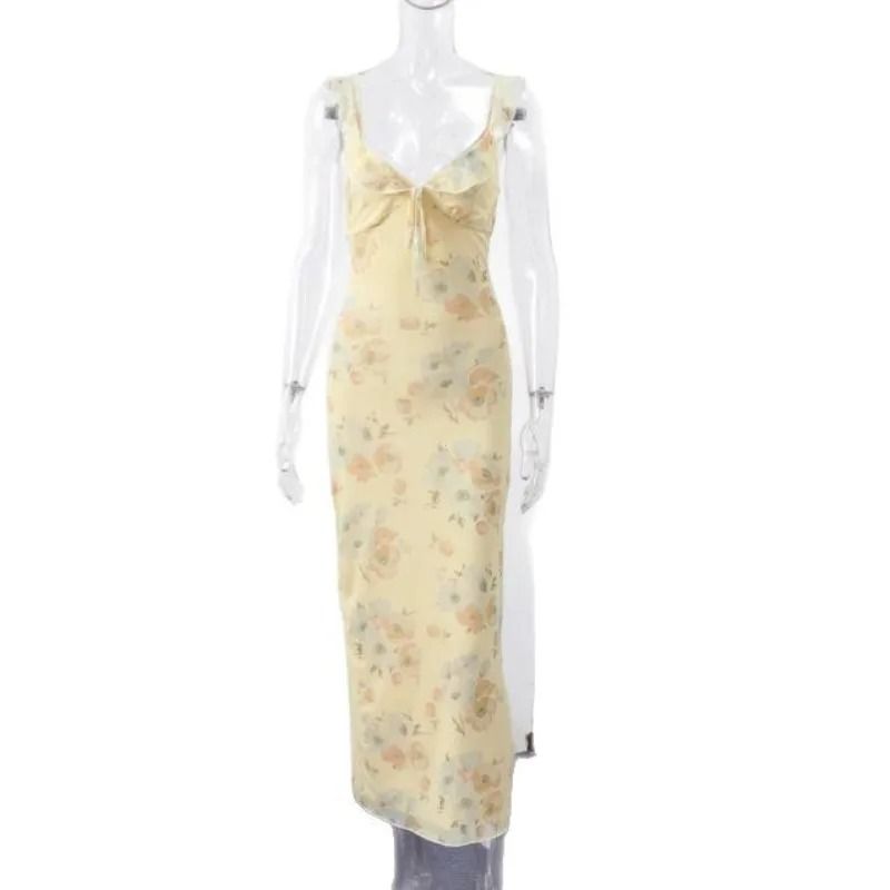 Summer Floral Printed Womens Low Cut Sleeveless Backless Slim Dress for Beach and Vacation