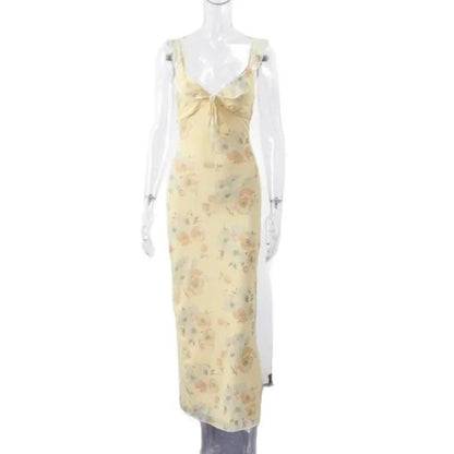 Summer Floral Printed Womens Low Cut Sleeveless Backless Slim Dress for Beach and Vacation