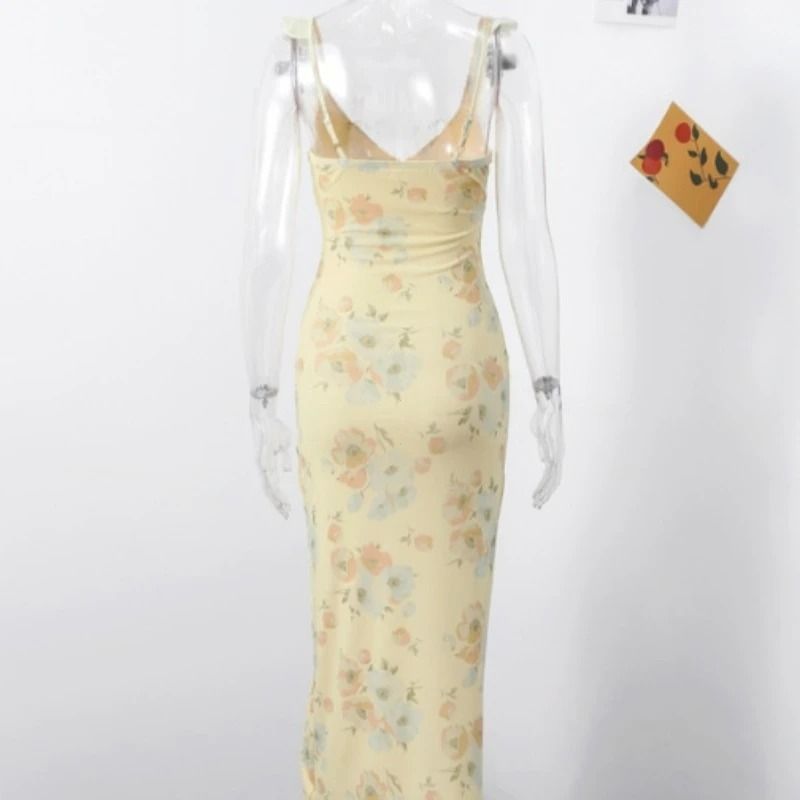 Summer Floral Printed Womens Low Cut Sleeveless Backless Slim Dress for Beach and Vacation