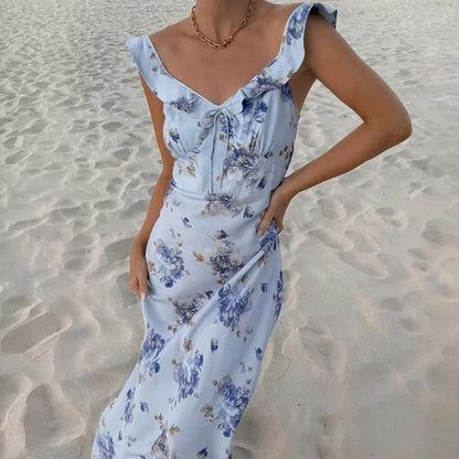 Summer Floral Printed Womens Low Cut Sleeveless Backless Slim Dress for Beach and Vacation