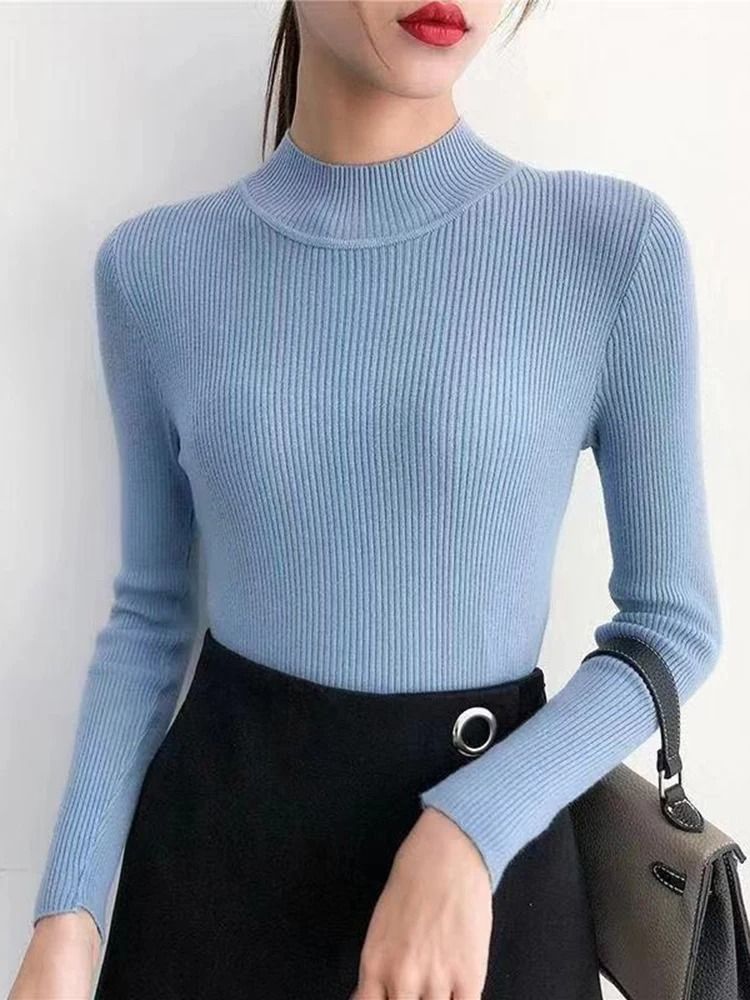Autumn Winter Mock Neck Women Sweater Vintage Solid Knitted Pullover