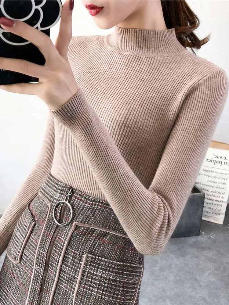 Autumn Winter Mock Neck Women Sweater Vintage Solid Knitted Pullover