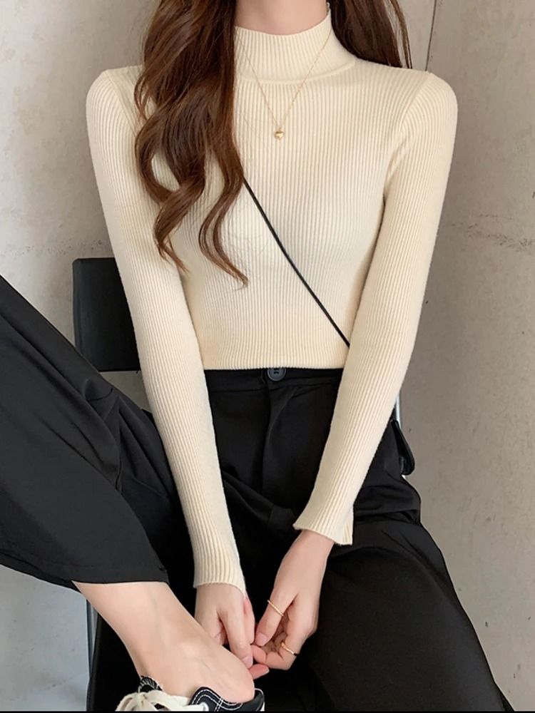 Autumn Winter Mock Neck Women Sweater Vintage Solid Knitted Pullover