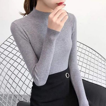 Autumn Winter Mock Neck Women Sweater Vintage Solid Knitted Pullover