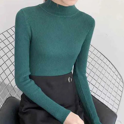 Autumn Winter Mock Neck Women Sweater Vintage Solid Knitted Pullover
