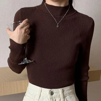 Autumn Winter Mock Neck Women Sweater Vintage Solid Knitted Pullover