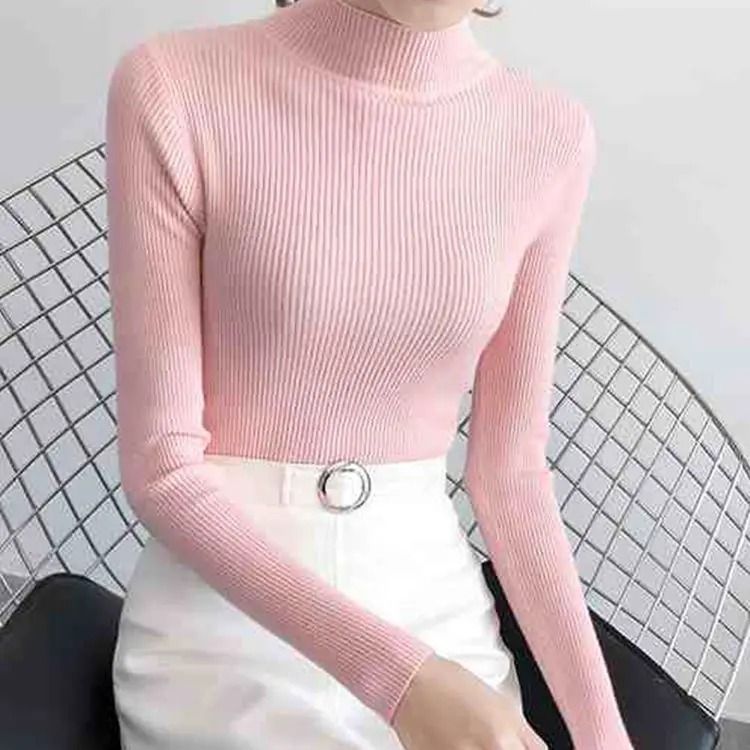 Autumn Winter Mock Neck Women Sweater Vintage Solid Knitted Pullover