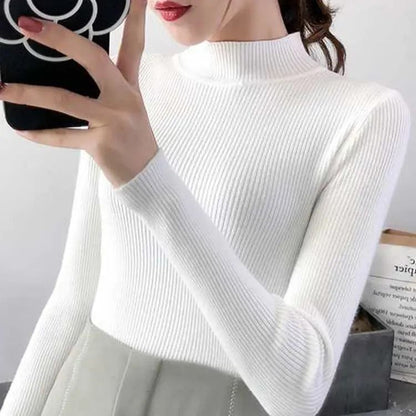 Autumn Winter Mock Neck Women Sweater Vintage Solid Knitted Pullover