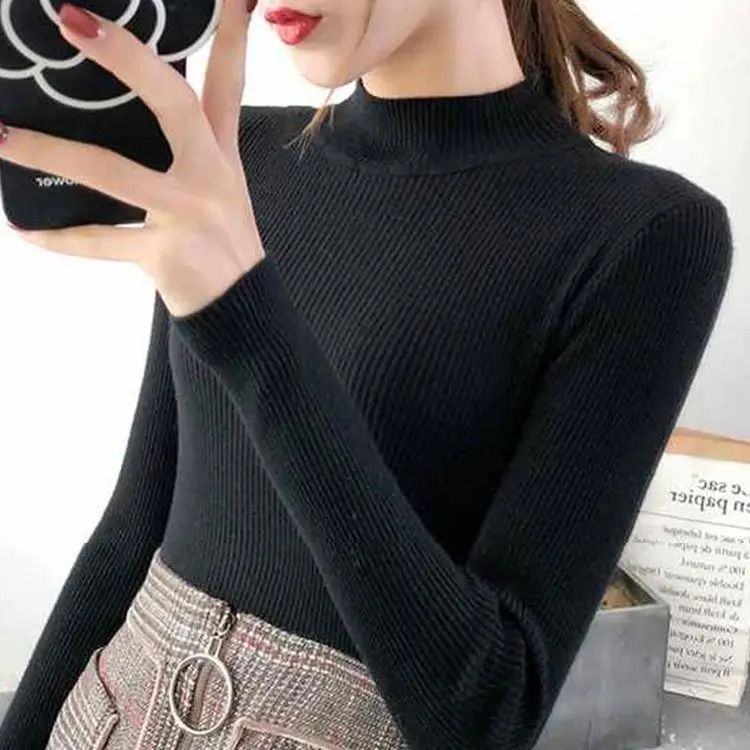 Autumn Winter Mock Neck Women Sweater Vintage Solid Knitted Pullover