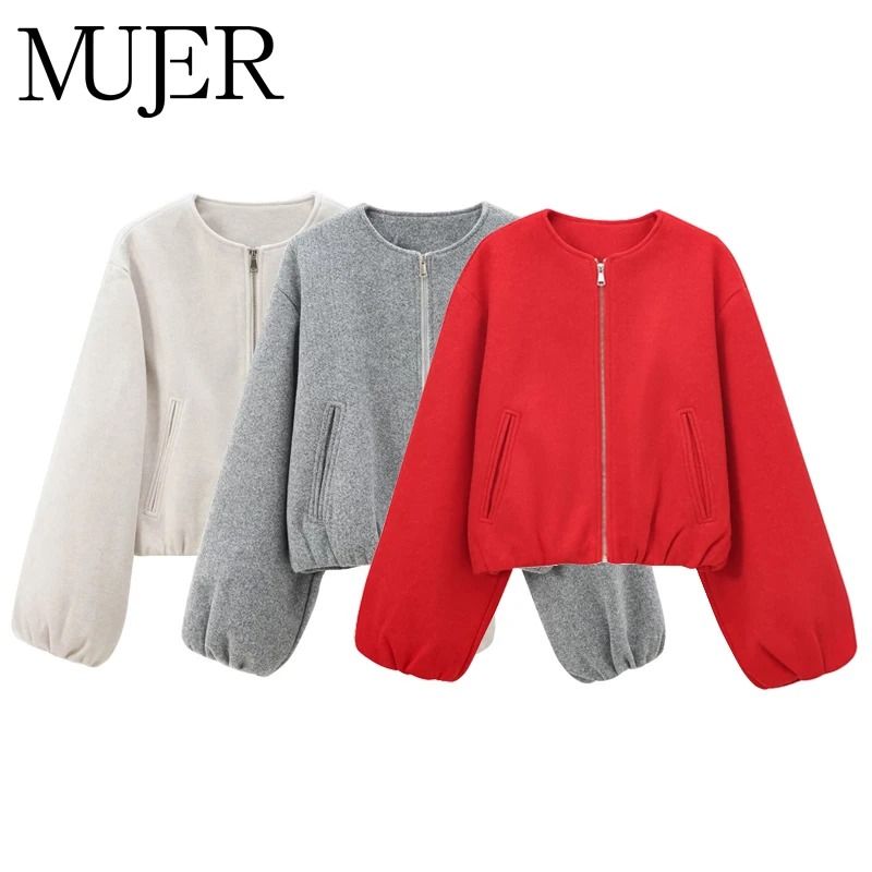 Mujer Red Zipper Bomber Jacket for Women Soft Cropped Sports Outerwear