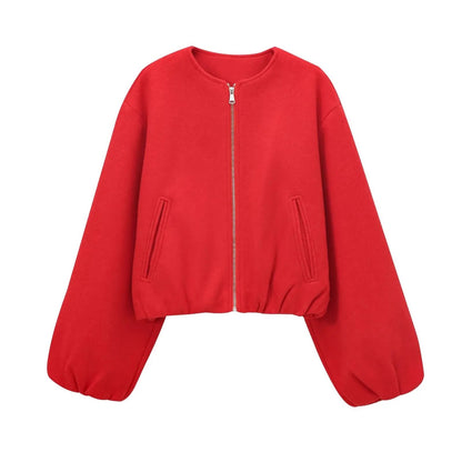 Mujer Red Zipper Bomber Jacket for Women Soft Cropped Sports Outerwear