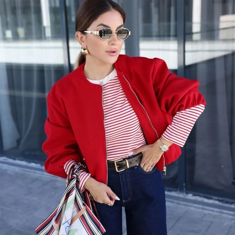 Mujer Red Zipper Bomber Jacket for Women Soft Cropped Sports Outerwear