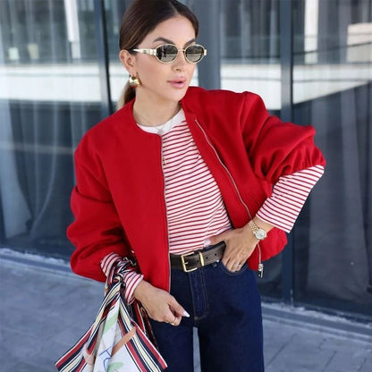 Mujer Red Zipper Bomber Jacket for Women Soft Cropped Sports Outerwear