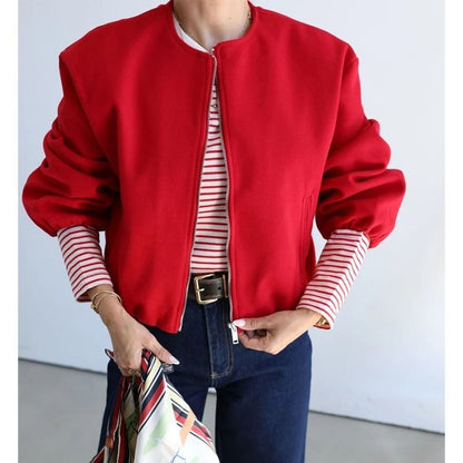 Mujer Red Zipper Bomber Jacket for Women Soft Cropped Sports Outerwear