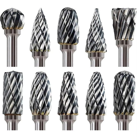 PrecisionPro Tungsten Carbide Rotary Burr Set – 10-Piece Double-Cut Grinding & Carving Tools for Dremel and Electric Rot