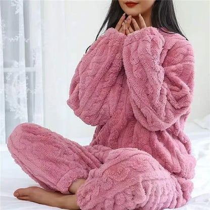 Soft Coral Velvet Pajamas Set for Women, Warm Jacquard Lounge wear, Cozy Winter Outerwear, Christmas wear