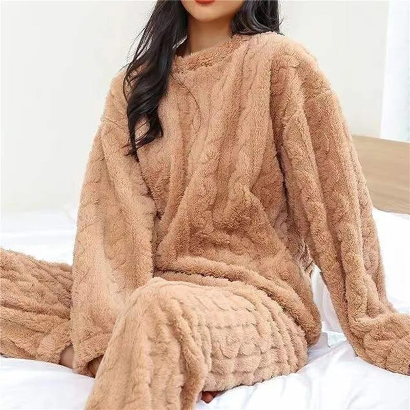 Soft Coral Velvet Pajamas Set for Women, Warm Jacquard Lounge wear, Cozy Winter Outerwear, Christmas wear