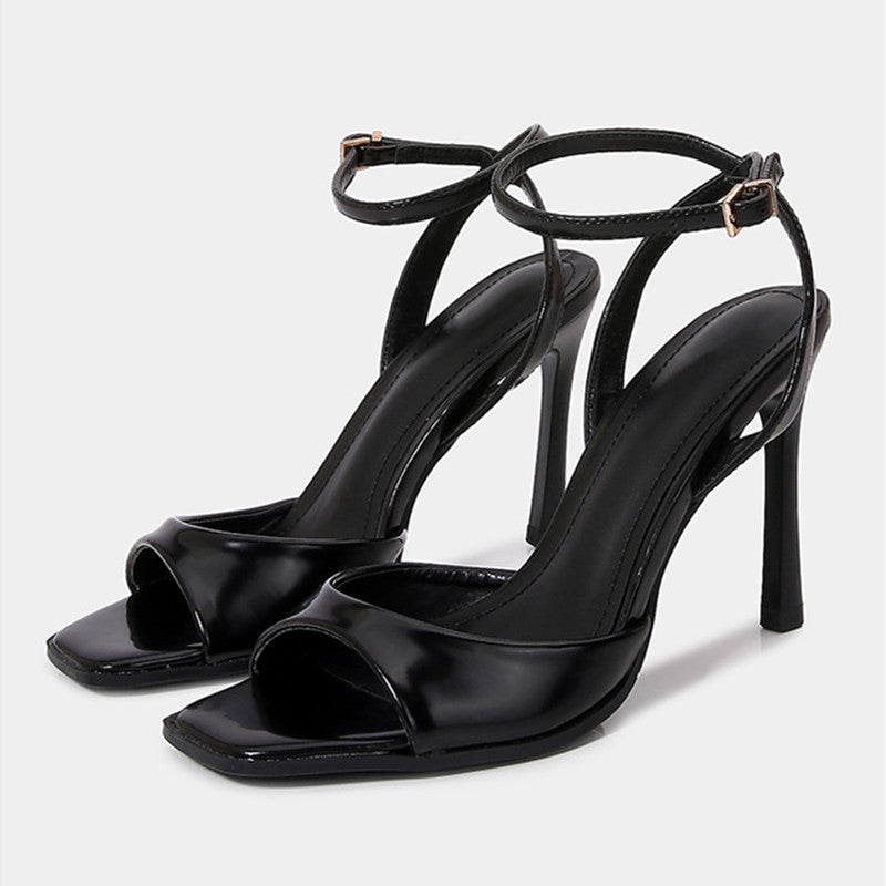 Elegant Black Patent Leather Ankle Strap High Heels, Sexy Square Toe Heeled Sandals for Womens Summer Parties & Office