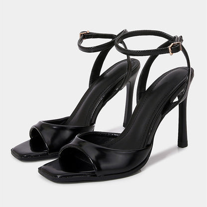 Elegant Black Patent Leather Ankle Strap High Heels, Sexy Square Toe Heeled Sandals for Womens Summer Parties & Office