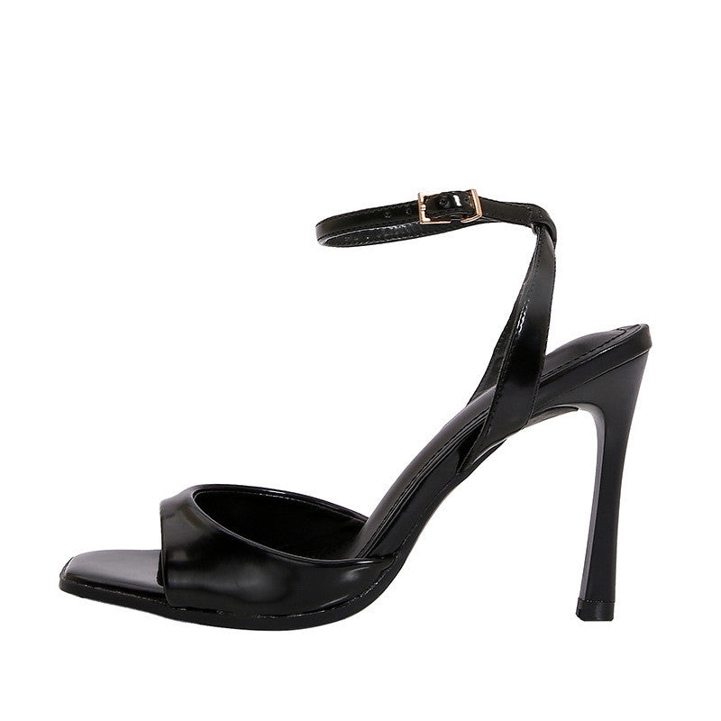 Elegant Black Patent Leather Ankle Strap High Heels, Sexy Square Toe Heeled Sandals for Womens Summer Parties & Office