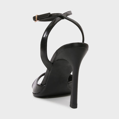Elegant Black Patent Leather Ankle Strap High Heels, Sexy Square Toe Heeled Sandals for Womens Summer Parties & Office