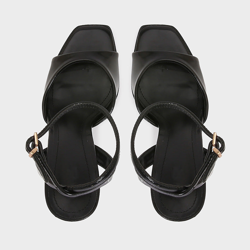 Elegant Black Patent Leather Ankle Strap High Heels, Sexy Square Toe Heeled Sandals for Womens Summer Parties & Office