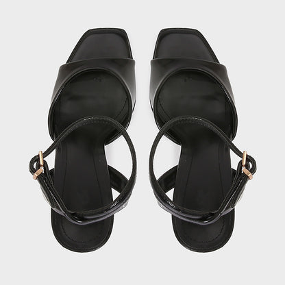 Elegant Black Patent Leather Ankle Strap High Heels, Sexy Square Toe Heeled Sandals for Womens Summer Parties & Office