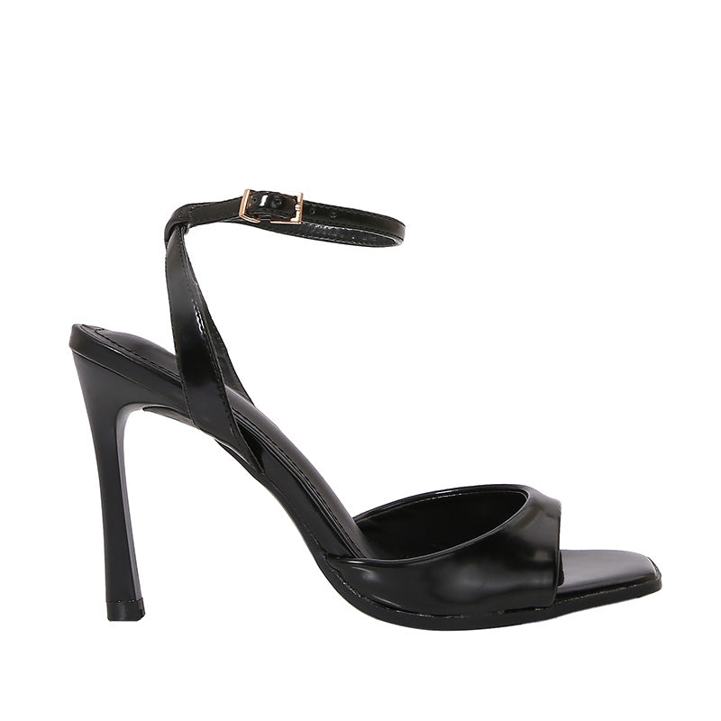 Elegant Black Patent Leather Ankle Strap High Heels, Sexy Square Toe Heeled Sandals for Womens Summer Parties & Office