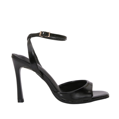 Elegant Black Patent Leather Ankle Strap High Heels, Sexy Square Toe Heeled Sandals for Womens Summer Parties & Office