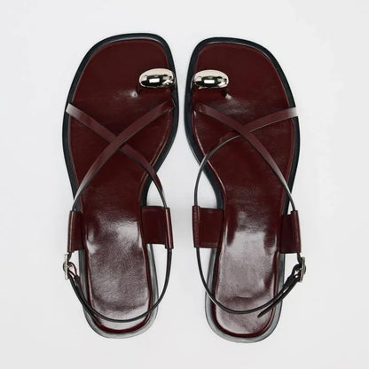 Womens Summer Cross Strap Flat Sandals with Buckle, Fashion Metal Over Toe Casual Slippers, Lightweight Comfort Beach