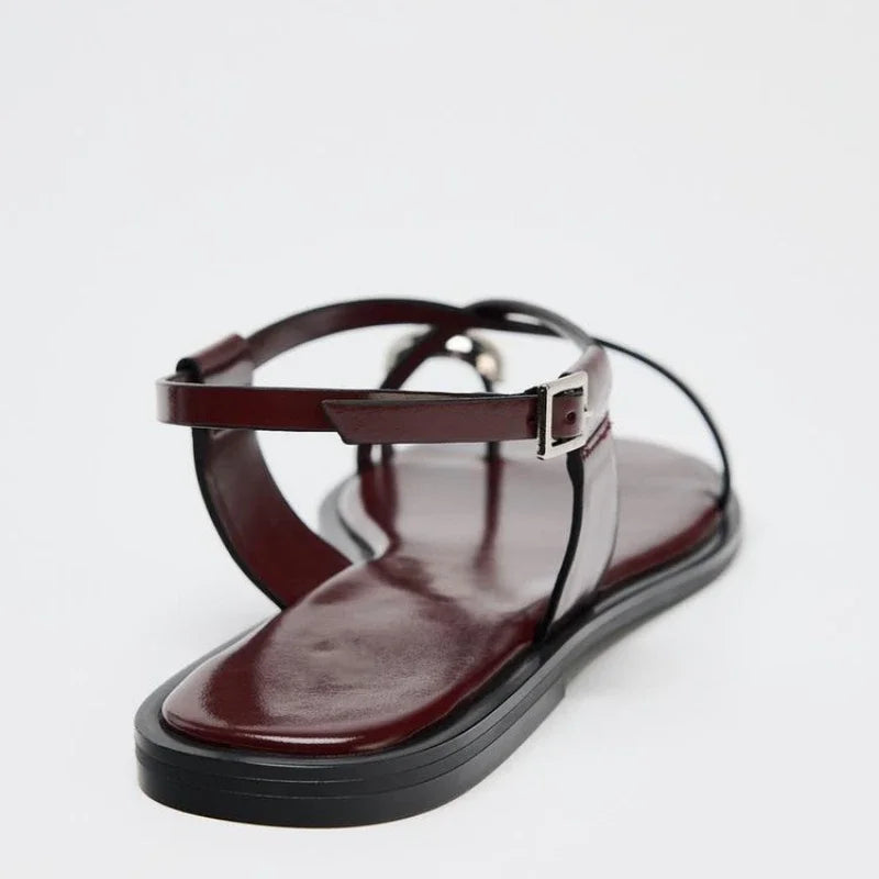 Womens Summer Cross Strap Flat Sandals with Buckle, Fashion Metal Over Toe Casual Slippers, Lightweight Comfort Beach