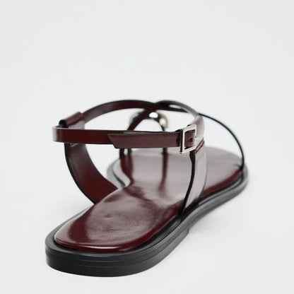 Womens Summer Cross Strap Flat Sandals with Buckle, Fashion Metal Over Toe Casual Slippers, Lightweight Comfort Beach