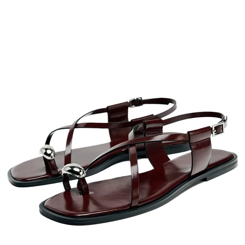 Womens Summer Cross Strap Flat Sandals with Buckle, Fashion Metal Over Toe Casual Slippers, Lightweight Comfort Beach