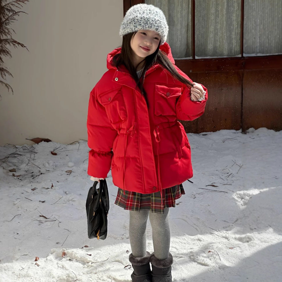 Autumn Girls Coat, Thickened Warm, Quilted Hooded Jacket, Mid Long Waist Childrens Clothing, Casual Daily Wear