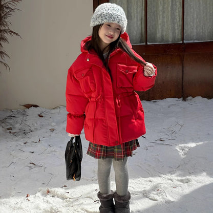 Autumn Girls Coat, Thickened Warm, Quilted Hooded Jacket, Mid Long Waist Childrens Clothing, Casual Daily Wear