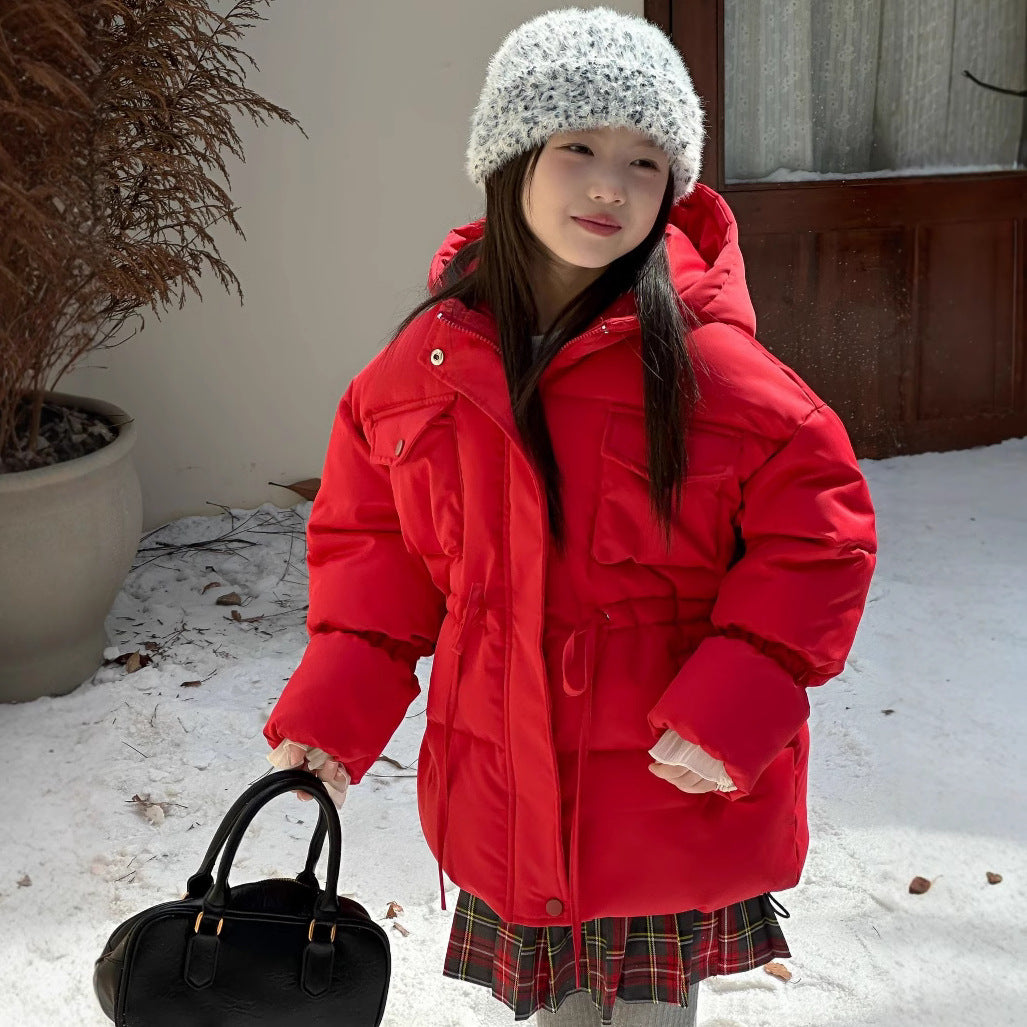 Autumn Girls Coat, Thickened Warm, Quilted Hooded Jacket, Mid Long Waist Childrens Clothing, Casual Daily Wear