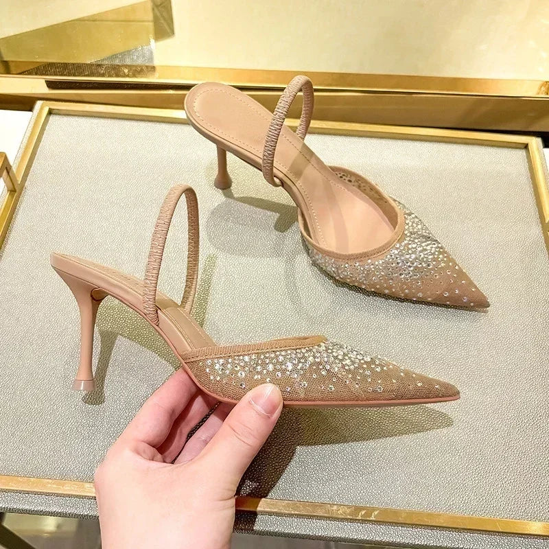 Womens Luxury Designer Rhinestone Mesh Heeled Sandals, Sexy Pointed Toe Slingbacks, Thin High Heels, and Elegant Dress