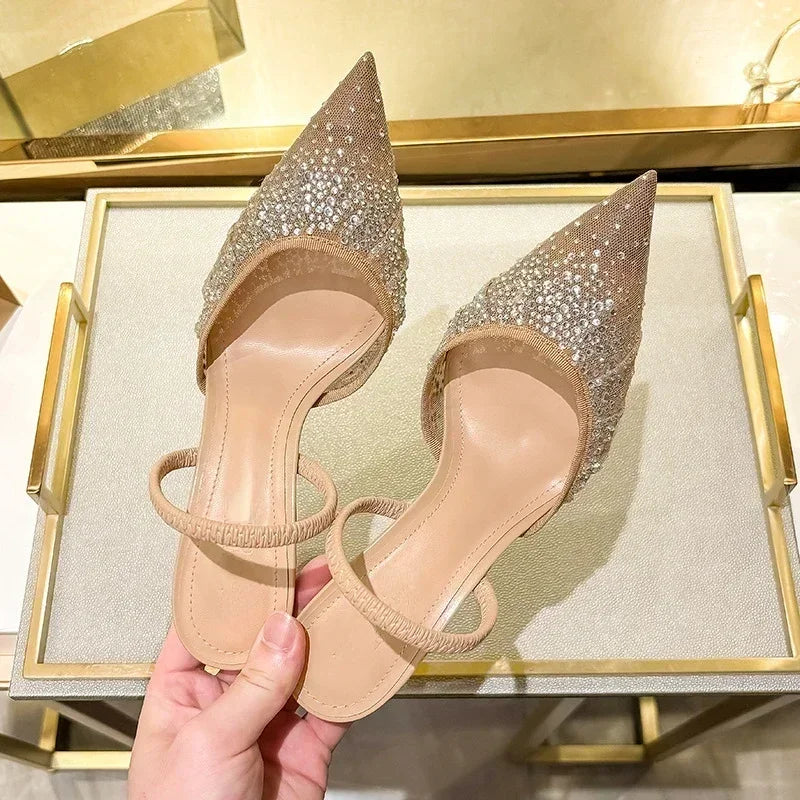 Womens Luxury Designer Rhinestone Mesh Heeled Sandals, Sexy Pointed Toe Slingbacks, Thin High Heels, and Elegant Dress